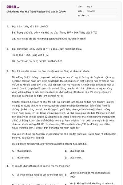 Đề kiểm tra Học kì 2 Tiếng Việt lớp 4 có đáp án (Đề 9)