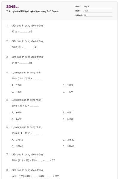 Trắc nghiệm Bài tập Luyện tập chung 3 có đáp án