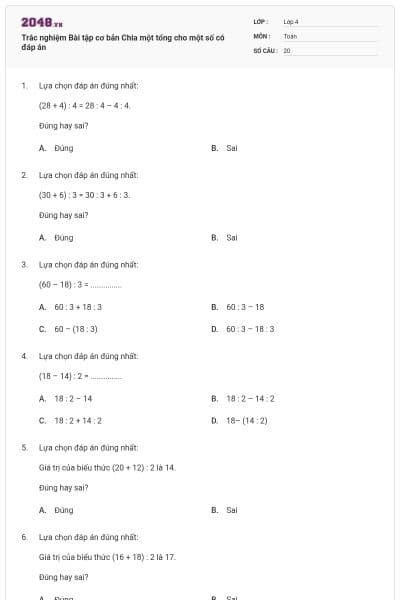 Trắc nghiệm Bài tập cơ bản Chia một tổng cho một số có đáp án