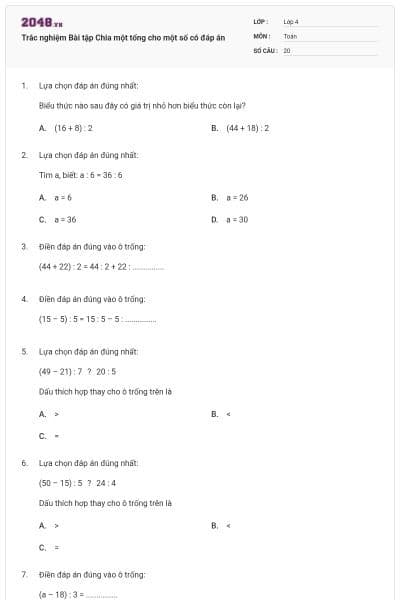 Trắc nghiệm Bài tập Chia một tổng cho một số có đáp án