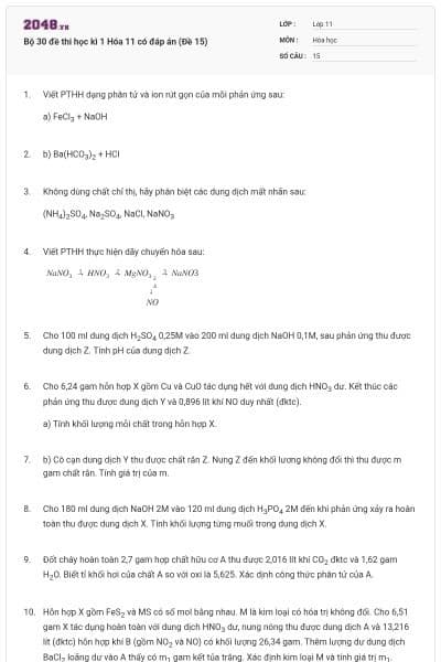 Bộ 30 đề thi học kì 1 Hóa 11 có đáp án (Đề 15)