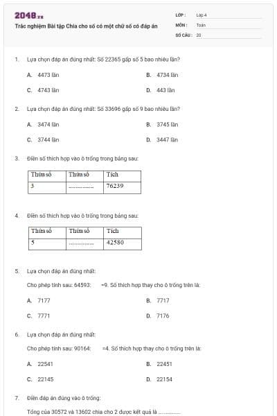 Trắc nghiệm Bài tập Chia cho số có một chữ số có đáp án