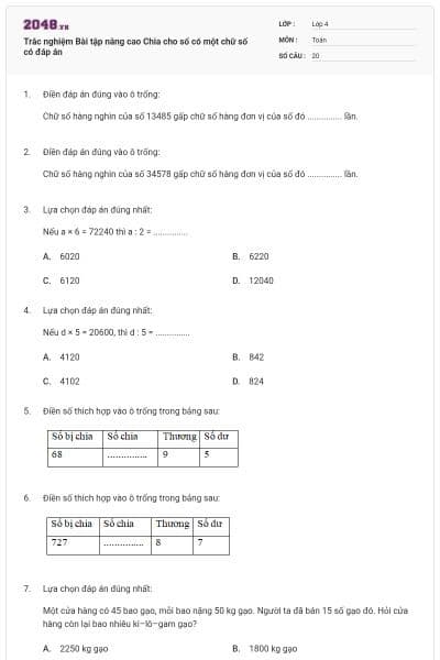 Trắc nghiệm Bài tập nâng cao Chia cho số có một chữ số có đáp án