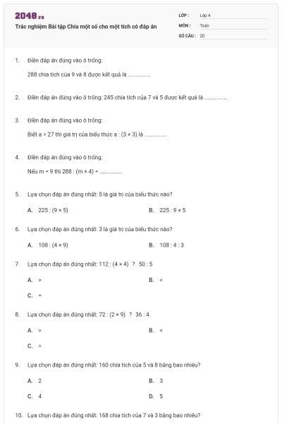 Trắc nghiệm Bài tập Chia một số cho một tích có đáp án