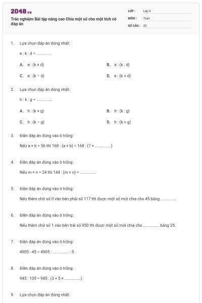Trắc nghiệm Bài tập nâng cao Chia một số cho một tích có đáp án