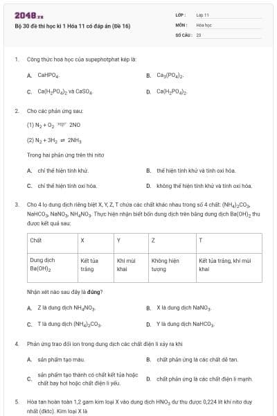 Bộ 30 đề thi học kì 1 Hóa 11 có đáp án (Đề 16)
