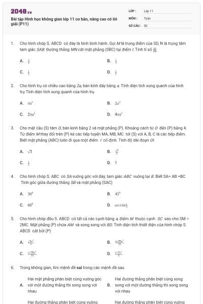 Bài tập Hình học không gian lớp 11 cơ bản, nâng cao có lời giải (P11)