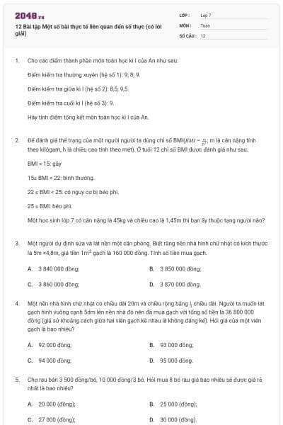 12 Bài tập Một số bài thực tế liên quan đến số thực (có lời giải)