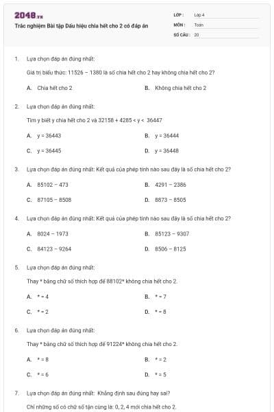 Trắc nghiệm Bài tập Dấu hiệu chia hết cho 2 có đáp án