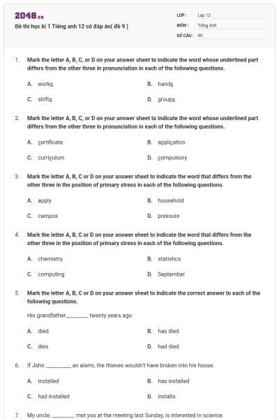 Đề thi học kì 1 Tiếng anh 12 có đáp án( đề 9 )