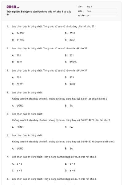 Trắc nghiệm Bài tập cơ bản Dấu hiệu chia hết cho 3 có đáp án