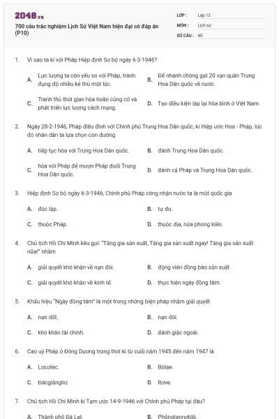 700 câu trắc nghiệm Lịch Sử Việt Nam hiện đại có đáp án (P10)