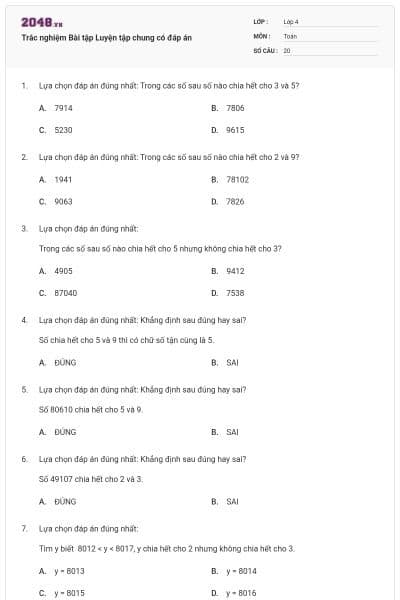 Trắc nghiệm Bài tập Luyện tập chung có đáp án