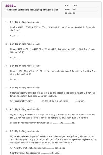 Trắc nghiệm Bài tập nâng cao Luyện tập chung có đáp án