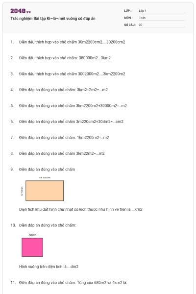 Trắc nghiệm Bài tập Ki–lô–mét vuông có đáp án