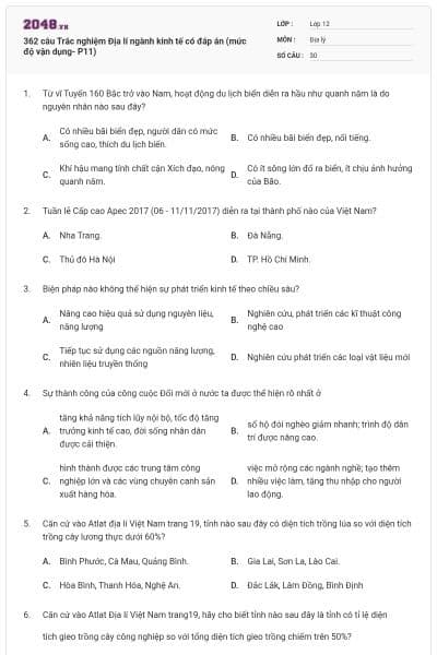 362 câu Trắc nghiệm Địa lí ngành kinh tế có đáp án (mức độ vận dụng- P11)