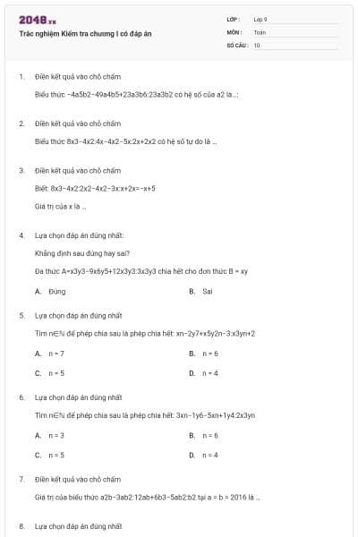 Trắc nghiệm Kiểm tra chương I có đáp án