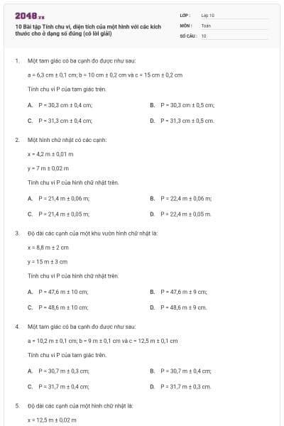 10 Bài tập Tính chu vi, diện tích của một hình với các kích thước cho ở dạng số đúng (có lời giải)