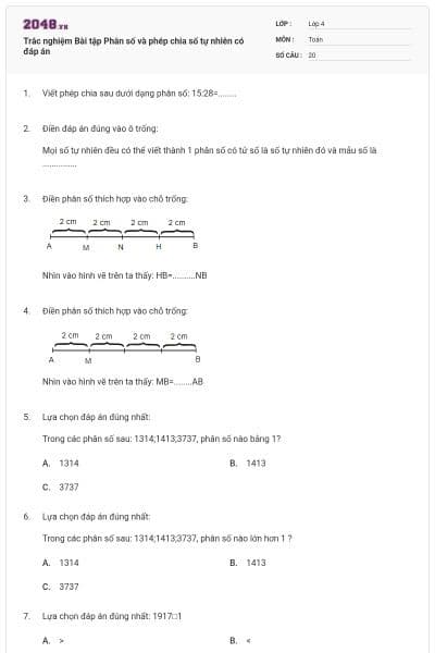 Trắc nghiệm Bài tập Phân số và phép chia số tự nhiên có đáp án