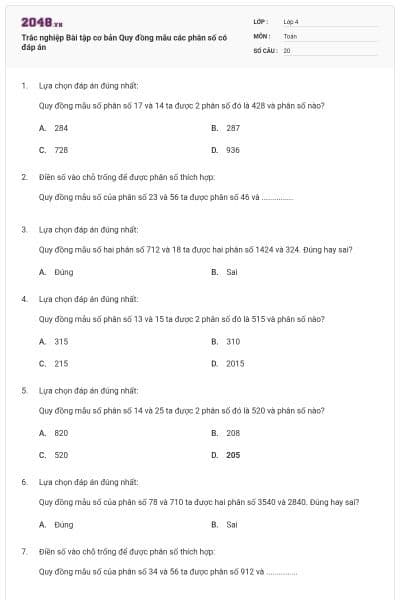 Trắc nghiệp Bài tập cơ bản Quy đồng mẫu các phân số có đáp án