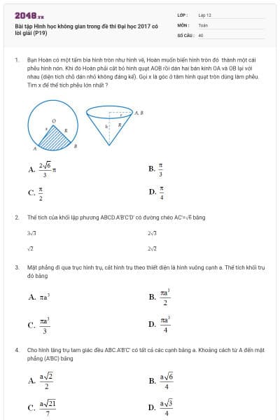 Bài tập Hình học không gian trong đề thi Đại học 2017 có lời giải (P19)
