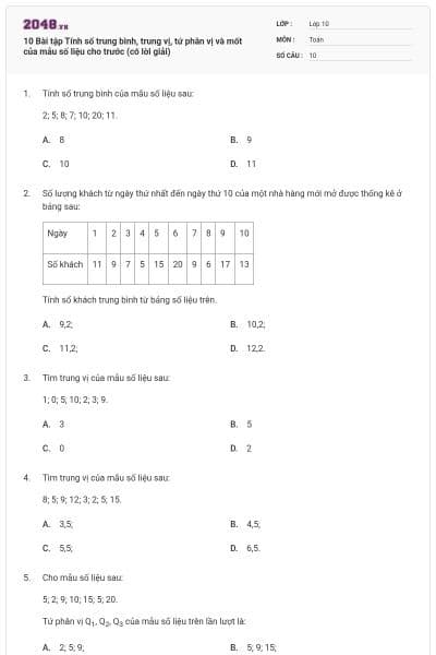 10 Bài tập Tính số trung bình, trung vị, tứ phân vị và mốt của mẫu số liệu cho trước (có lời giải)
