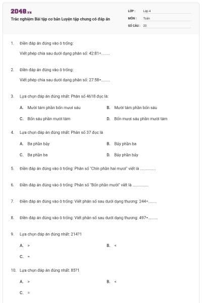 Trắc nghiệm Bài tập cơ bản Luyện tập chung có đáp án