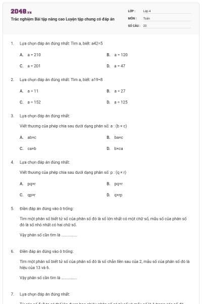 Trắc nghiệm Bài tập nâng cao Luyện tập chung có đáp án