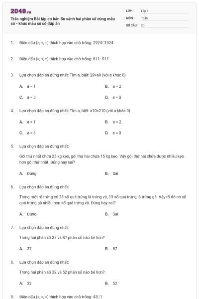 Trắc nghiệm Bài tập cơ bản So sánh hai phân số cùng mẫu số - khác mẫu số có đáp án