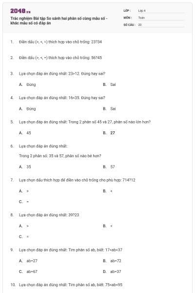 Trắc nghiệm Bài tập So sánh hai phân số cùng mẫu số - khác mẫu số có đáp án