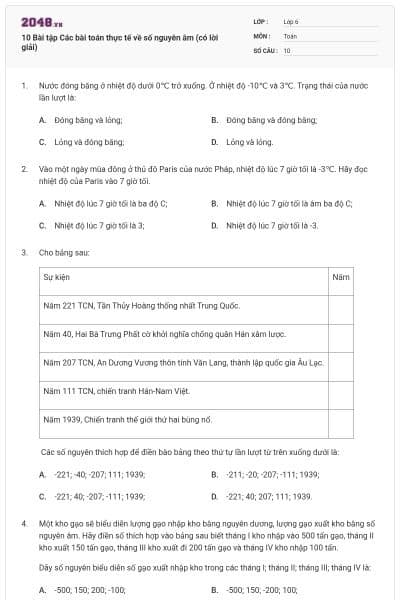 10 Bài tập Các bài toán thực tế về số nguyên âm (có lời giải)