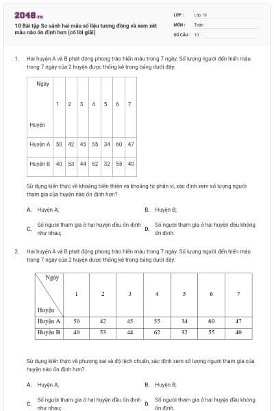 10 Bài tập So sánh hai mẫu số liệu tương đồng và xem xét mẫu nào ổn định hơn (có lời giải)