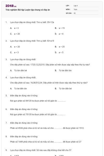 Trắc nghiệm Bài tập Luyện tập chung có đáp án