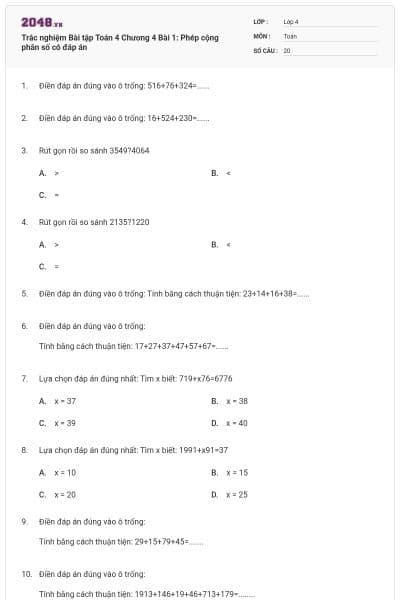 Trắc nghiệm Bài tập Toán 4 Chương 4 Bài 1: Phép cộng phân số có đáp án