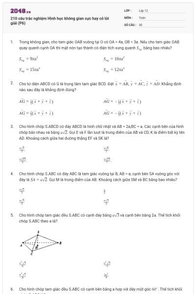 210 câu trắc nghiệm Hình học không gian cực hay có lời giải (P6)