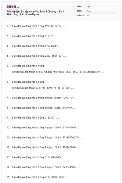 Trắc nghiệm Bài tập nâng cao Toán 4 Chương 4 Bài 1: Phép cộng phân số có đáp án