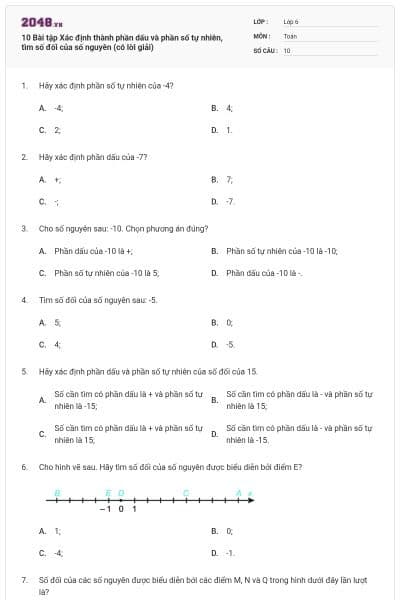 10 Bài tập Xác định thành phần dấu và phần số tự nhiên, tìm số đối của số nguyên (có lời giải)