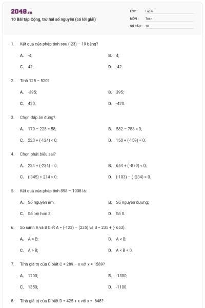 10 Bài tập Cộng, trừ hai số nguyên (có lời giải)
