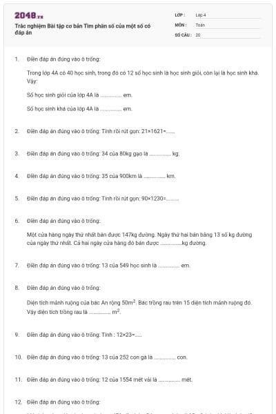 Trắc nghiệm Bài tập cơ bản Tìm phân số của một số có đáp án