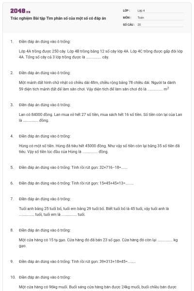 Trắc nghiệm Bài tập Tìm phân số của một số có đáp án