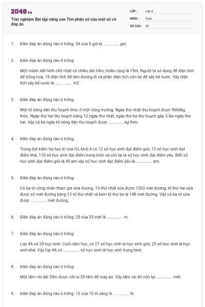 Trắc nghiệm Bài tập nâng cao Tìm phân số của một số có đáp án