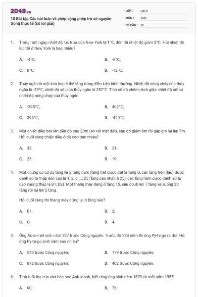 10 Bài tập Các bài toán về phép cộng phép trừ số nguyên trong thực tế (có lời giải)