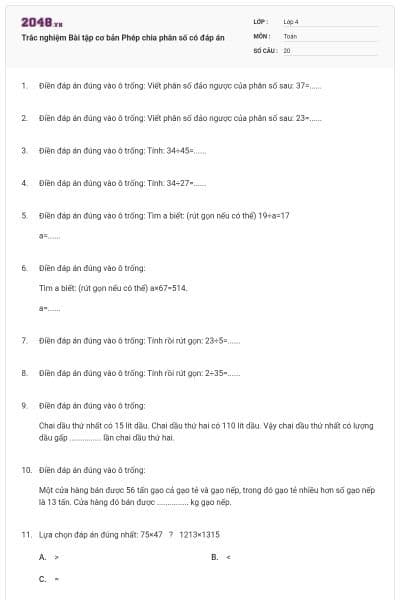 Trắc nghiệm Bài tập cơ bản Phép chia phân số có đáp án