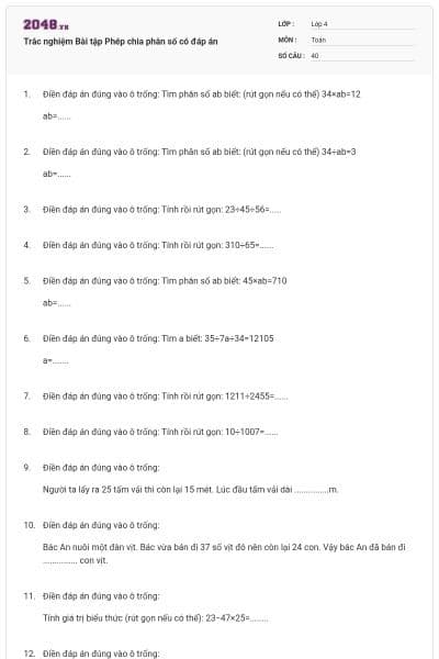 Trắc nghiệm Bài tập Phép chia phân số có đáp án