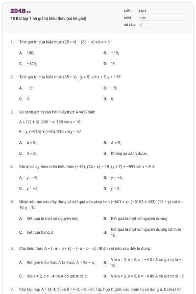10 Bài tập Tính giá trị biểu thức (có lời giải)