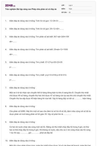 Trắc nghiệm Bài tập nâng cao Phép chia phân số có đáp án