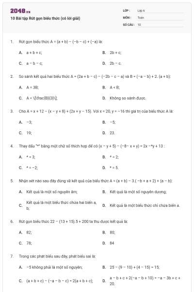 10 Bài tập Rút gọn biểu thức (có lời giải)