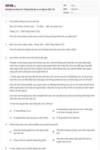 Đề kiểm tra Học kì 2 Tiếng Việt lớp 4 có đáp án (Đề 15)