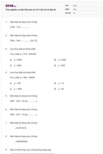 Trắc nghiệm cơ bản Chia cho số có 3 chữ số có đáp án