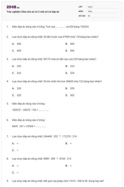 Trắc nghiệm Chia cho số có 3 chữ số có đáp án
